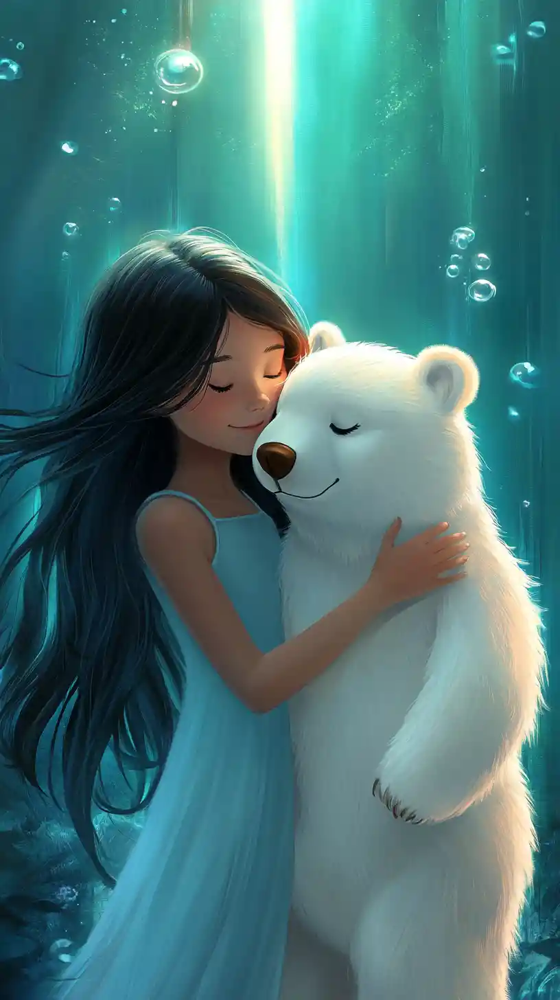 Fille serrant un ours polaire en peluche dans une lumière sous-marine onirique