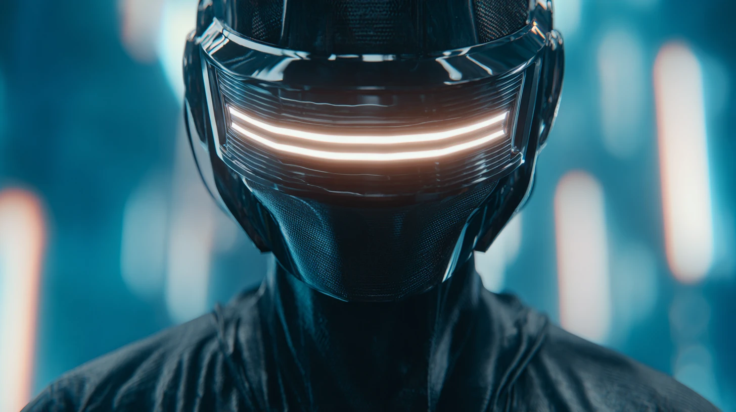 Homem futurista em armadura preta com visor de capacete luminoso