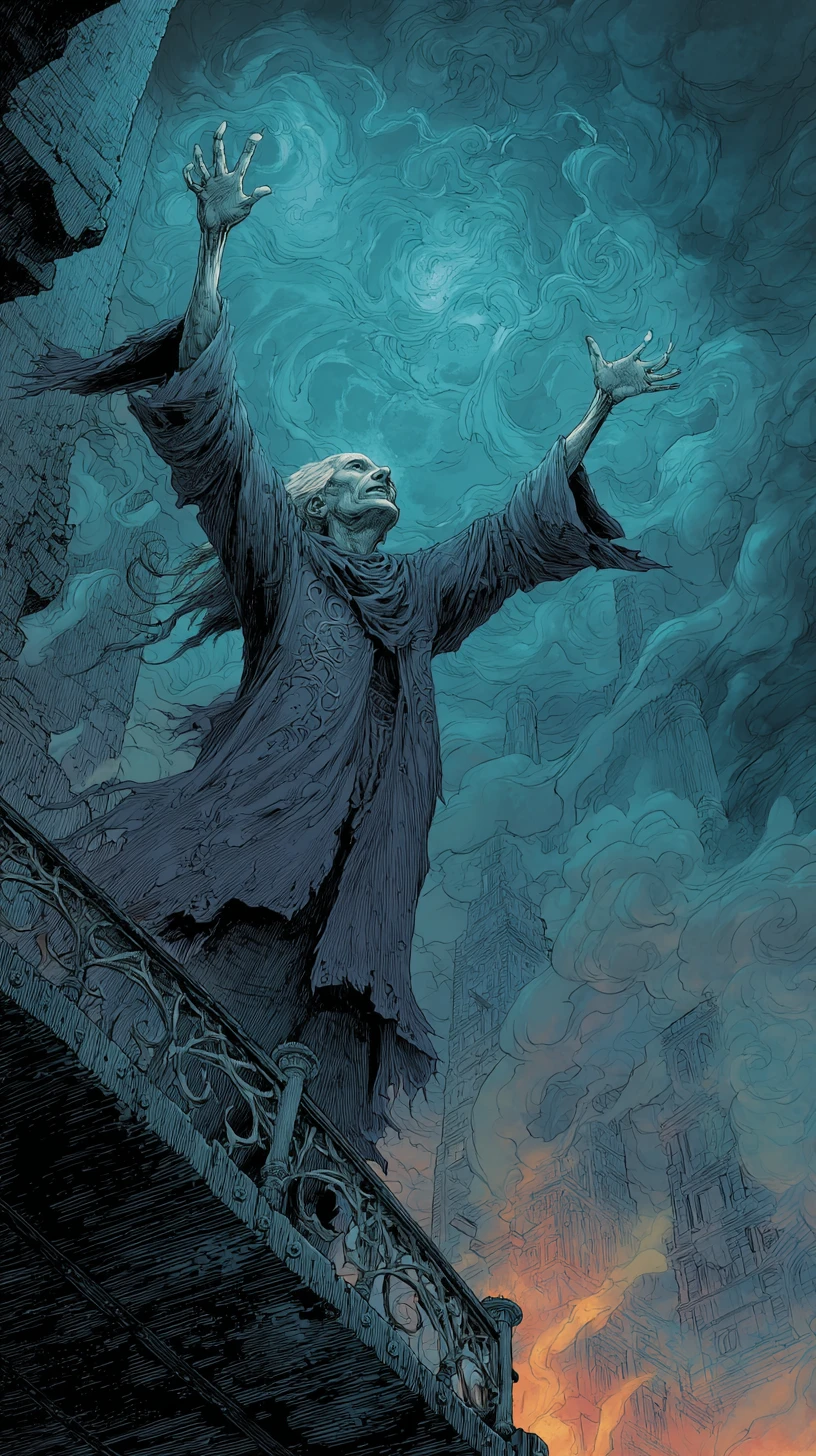 Mago antigo conjurando magia na varanda de uma torre de vidro
