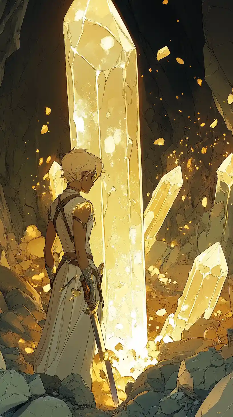 Platinum haired warrior exploring a glowing crystal cave