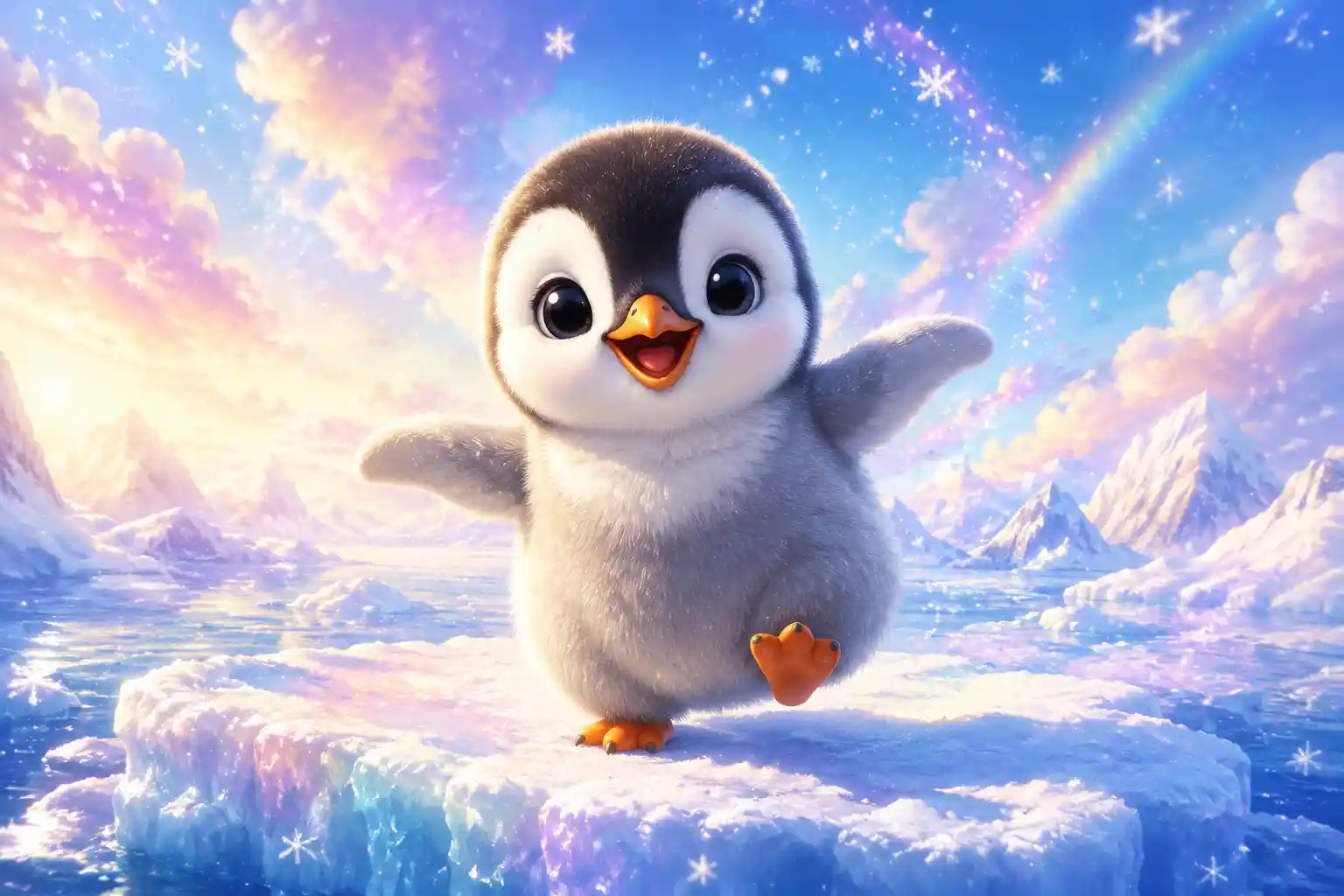 Cute baby penguin on snowy ice in cartoon style