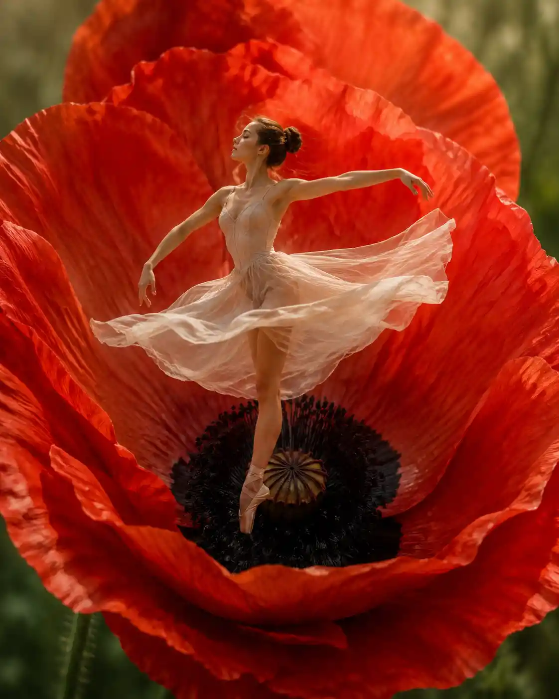 Ballet dancer pirouetting inside a vivid red poppy flower