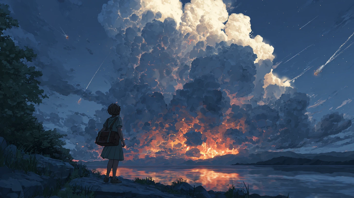 Garota anime pioneira observando nuvens sobre lago nas montanhas