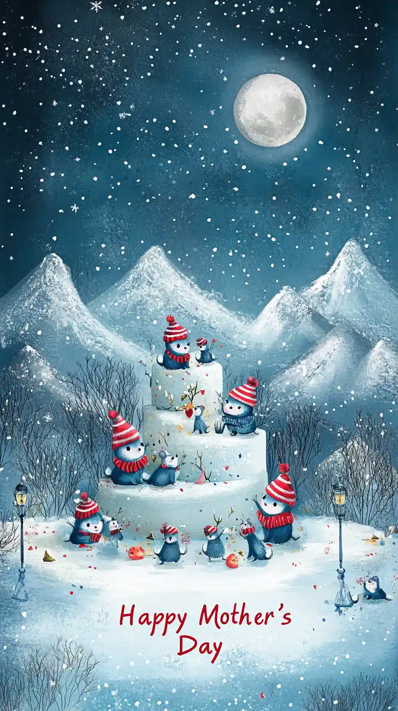 Whimsical mouse cake in a snowy mountain night scene