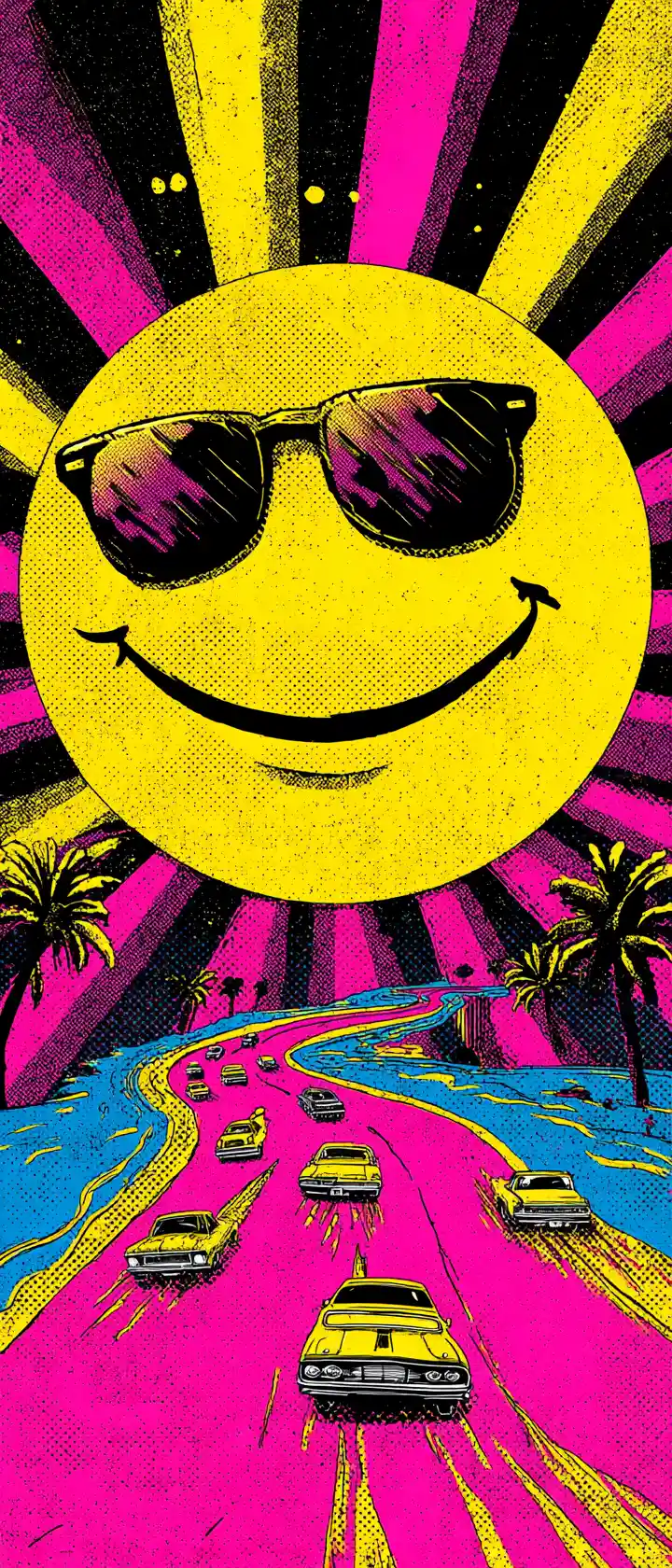 Retro Pop-Art-Sonne mit Sonnenbrille über endloser pinker Autobahn