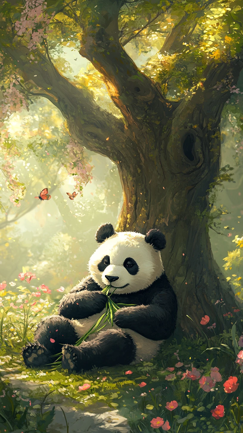 Zufriedener Panda, der unter einem blühenden Sommerbaum Bambus frisst
