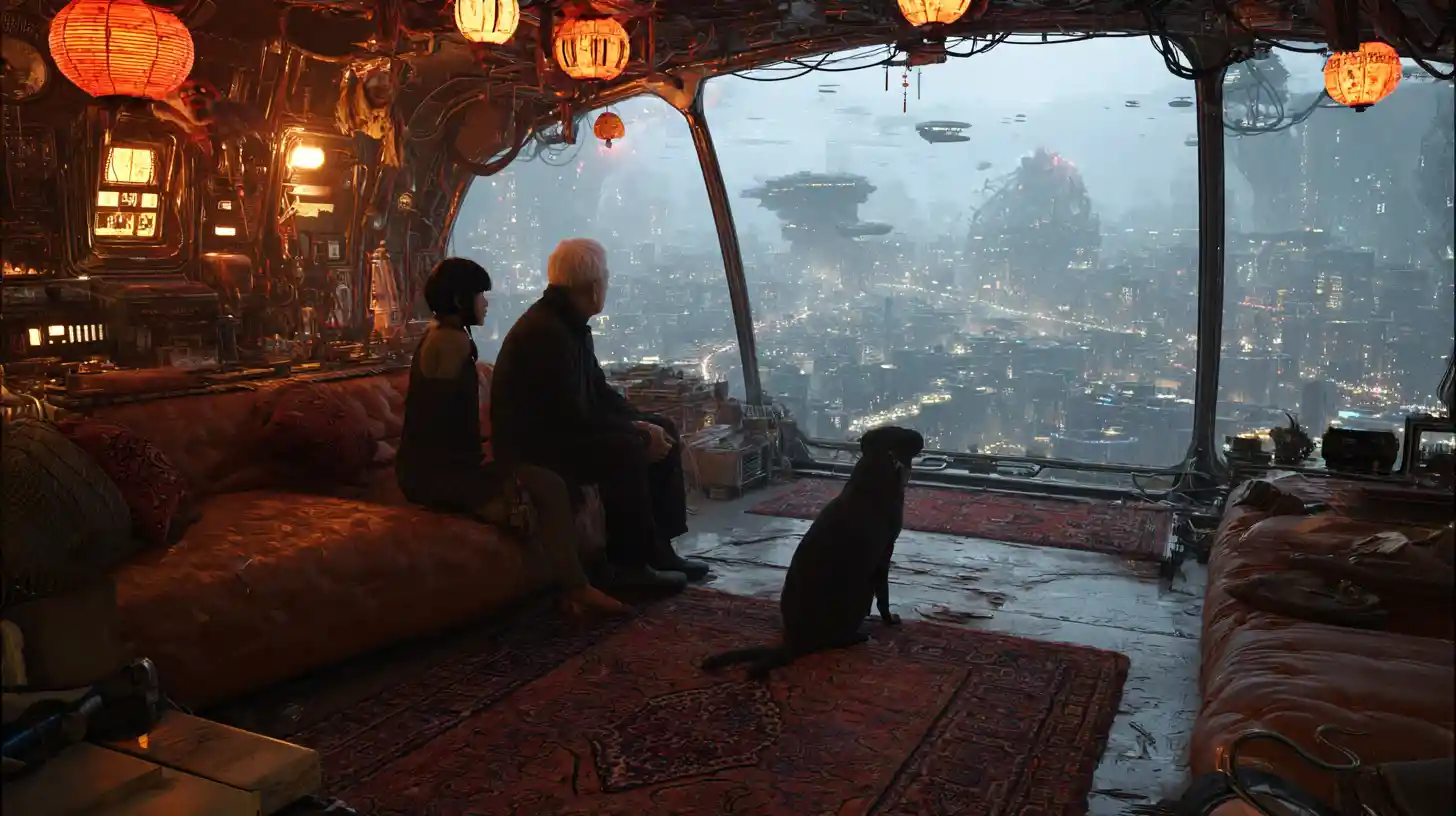Ragazza asiatica con il nonno in un soggiorno futuristico