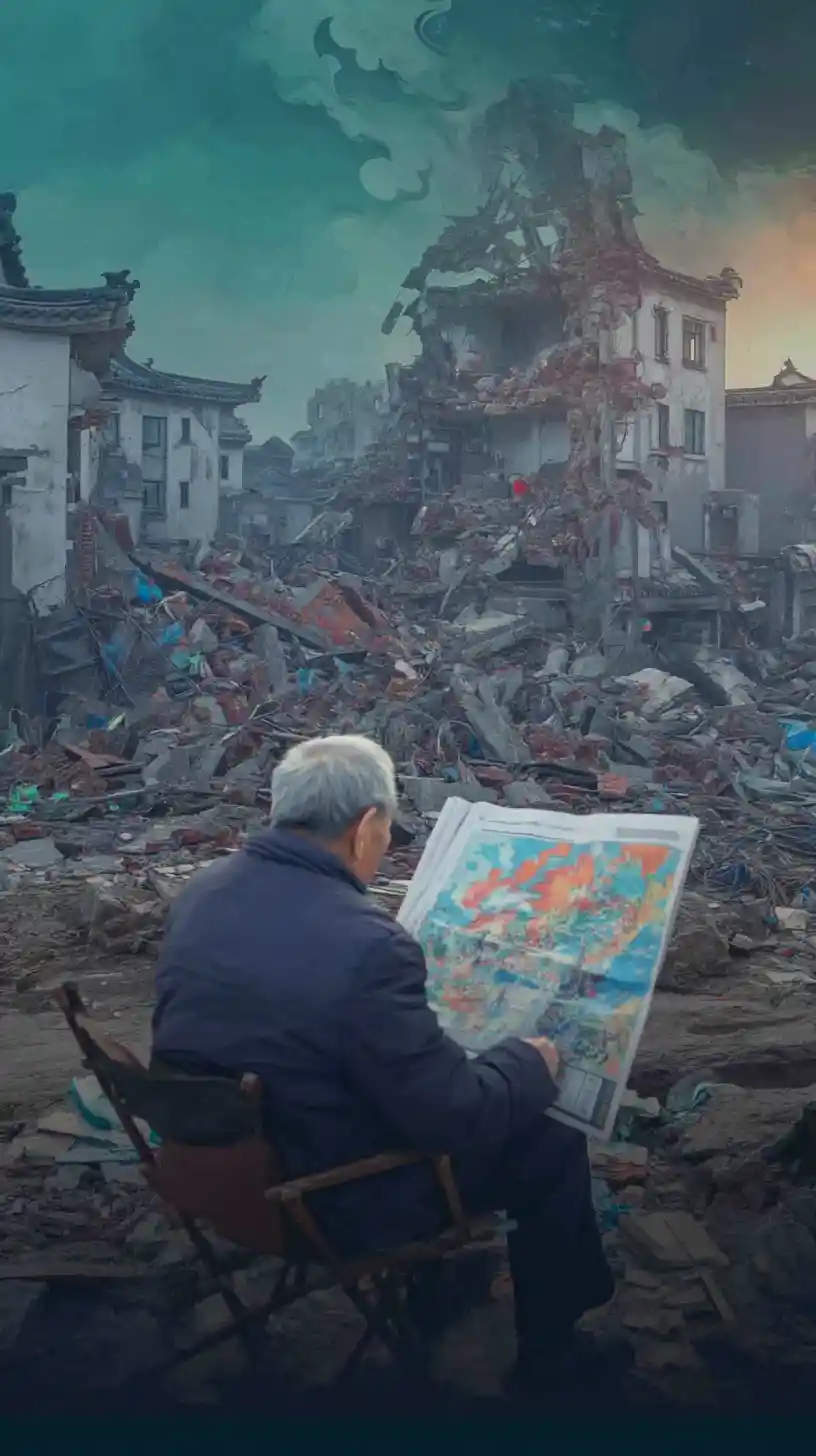Old man reading a newspaper in a bombed urban neighborhood