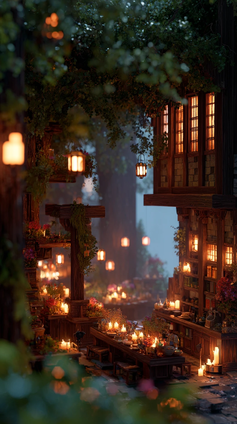 Festin à la Taverne de la Forêt Enchantée au Crépuscule à la Lueur des Bougies