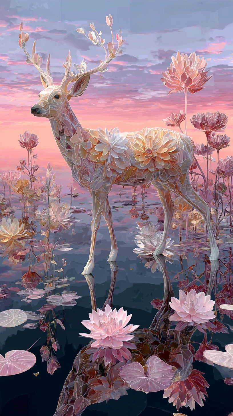 Cervo surreal em uma paisagem fantástica pastel refletiva