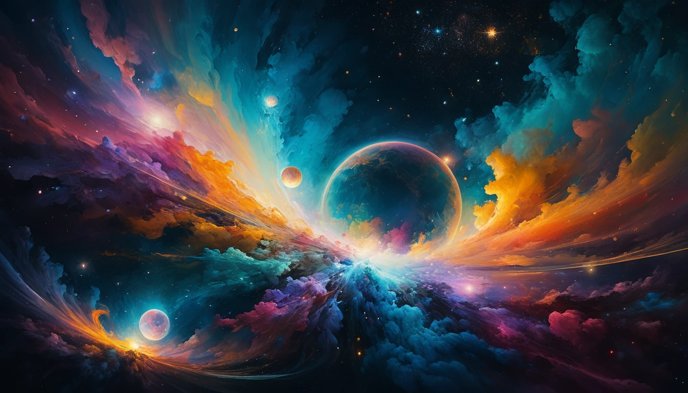 Átomos cósmicos girando em um espaço abstrato pintado a óleo