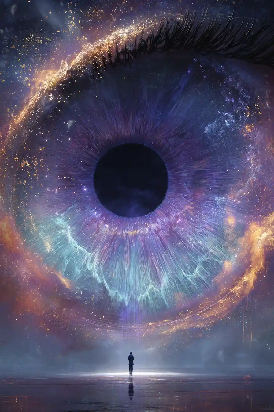 Colossal cosmic eye watching lone human in deep space