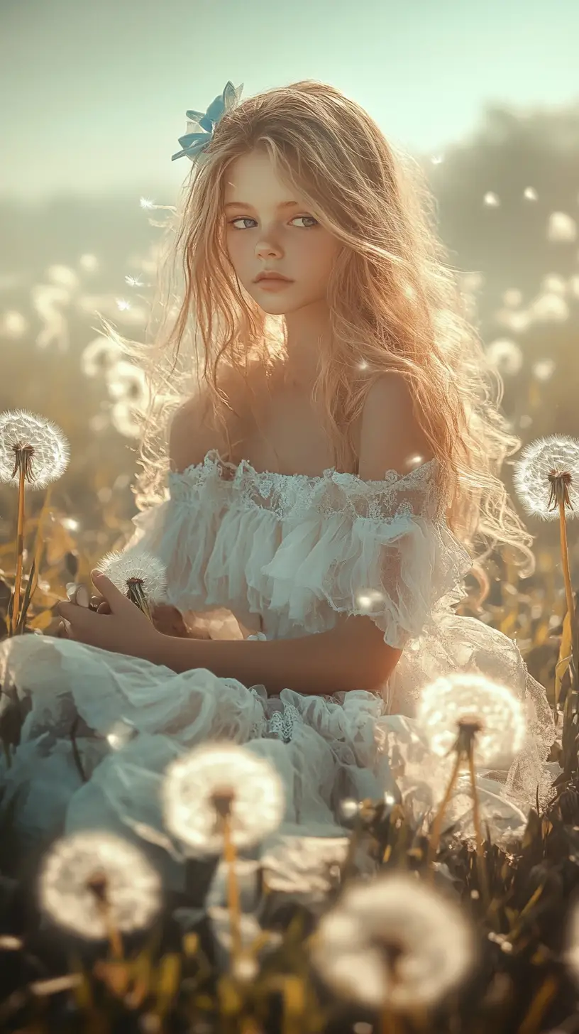 Jeune fille en robe blanche assise dans un champ de pissenlits