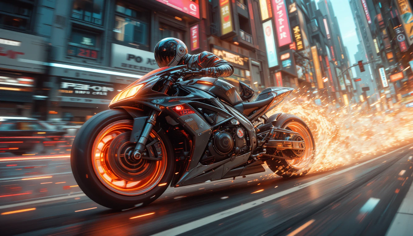 Futuristisches motorrad ohne räder rast durch eine leuchtende stadt