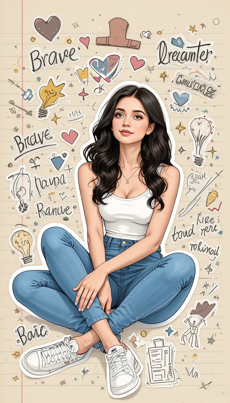 Dreamy girl sitting cross legged on notebook paper