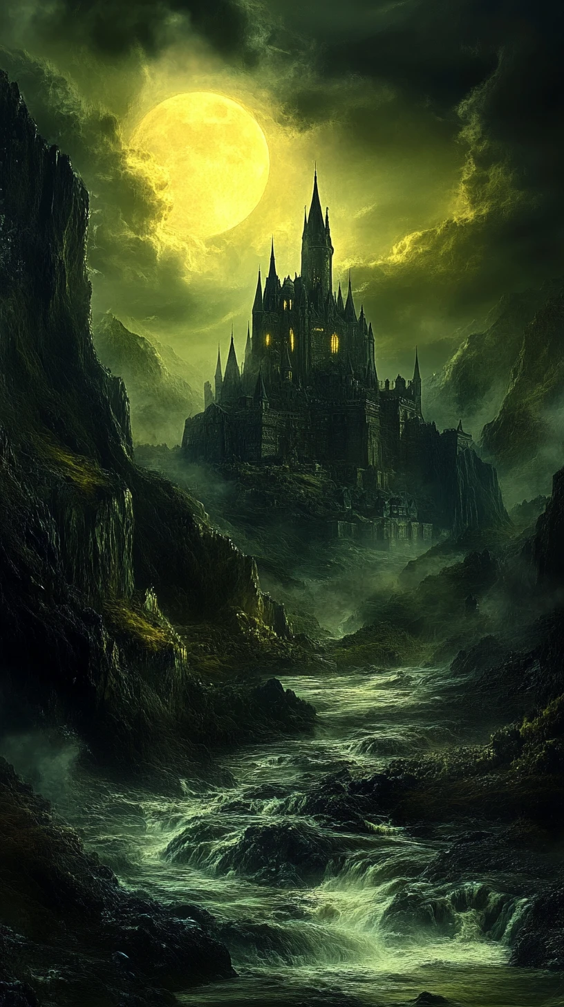 Castelo místico à noite sob uma lua cheia distante