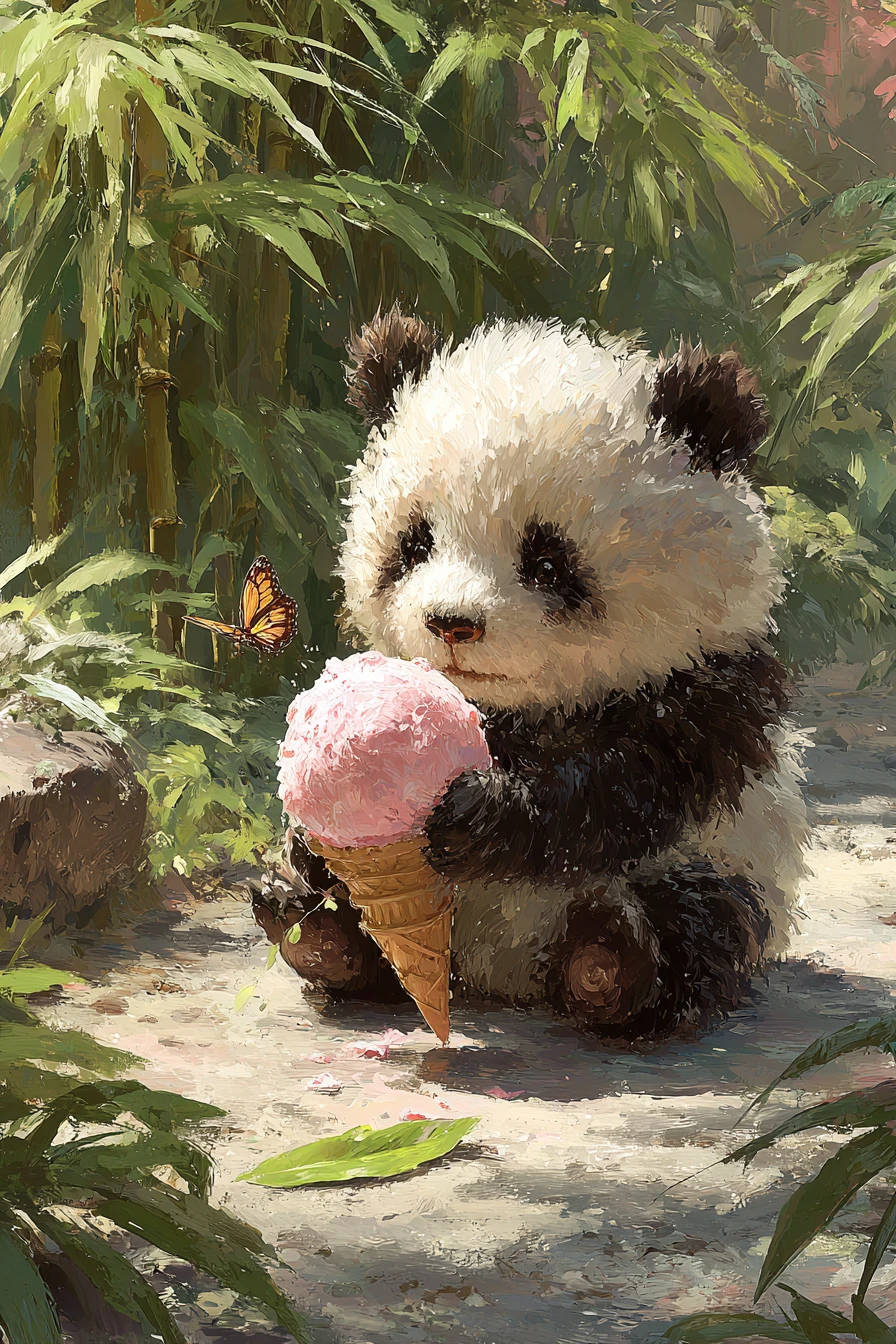Sad panda cub with strawberry ice cream in bamboo forest