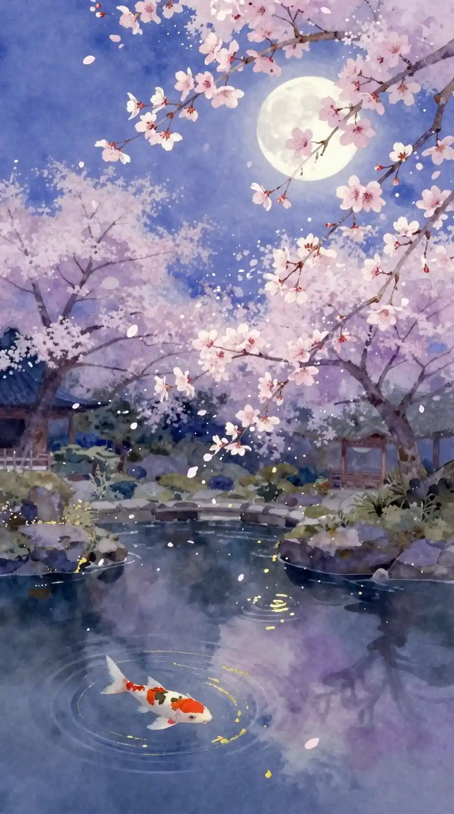 Moonlit Japanese Garden Watercolor With Blossoms And Pond