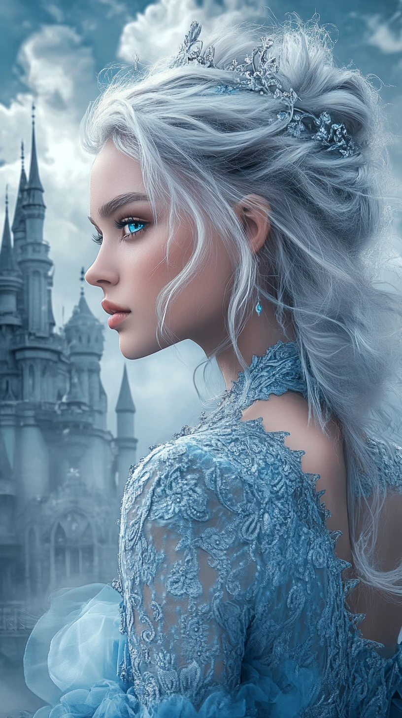 Jeune fille aux cheveux d’argent en robe bleue devant un château dans les nuages