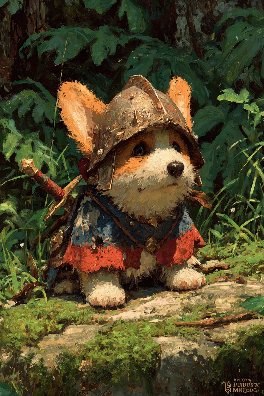 Corgi cavaleiro rabugento descansando em uma pedra musgosa na floresta