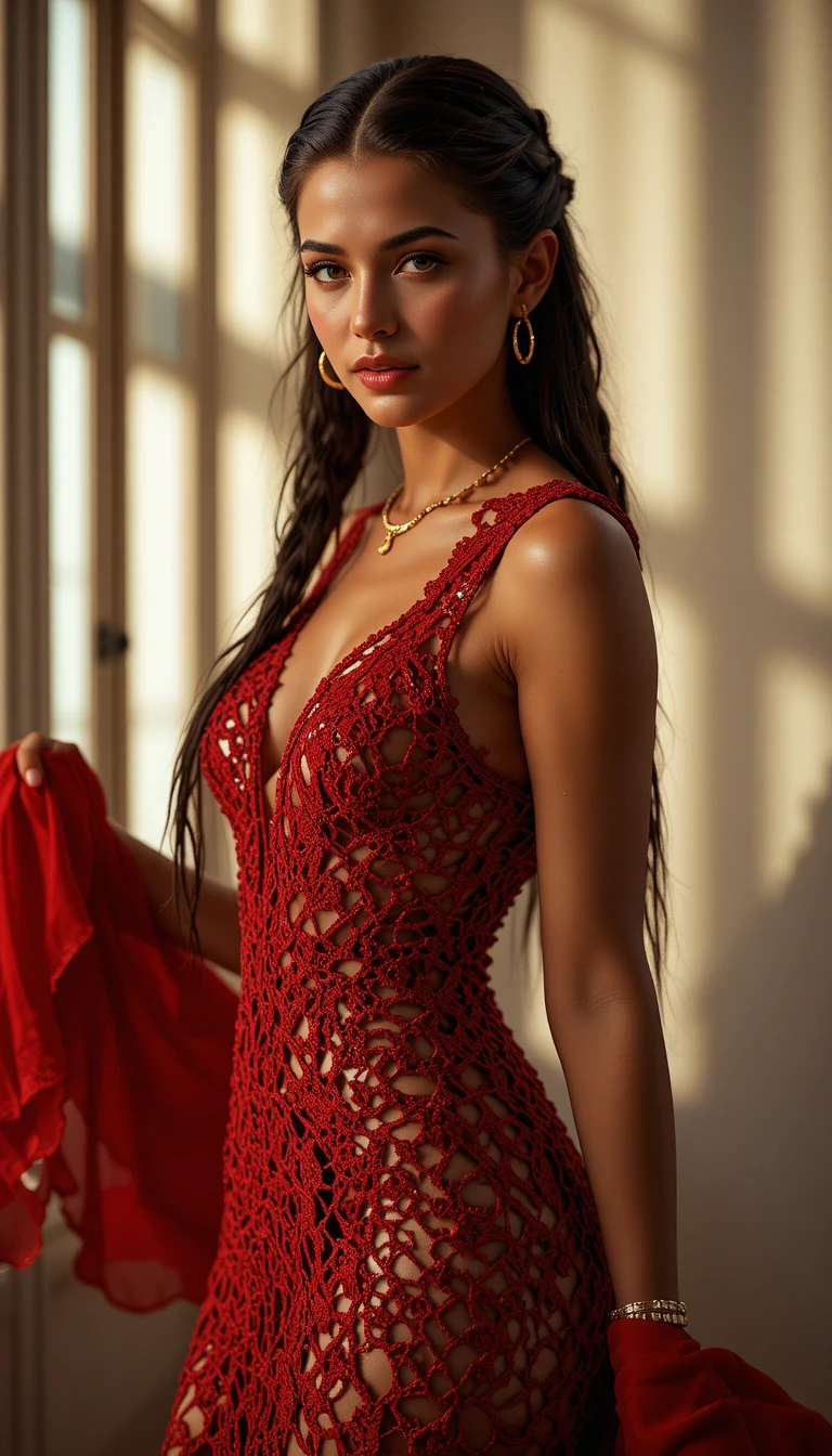 Mujer segura de sí misma con vestido rojo de crochet y velo de seda