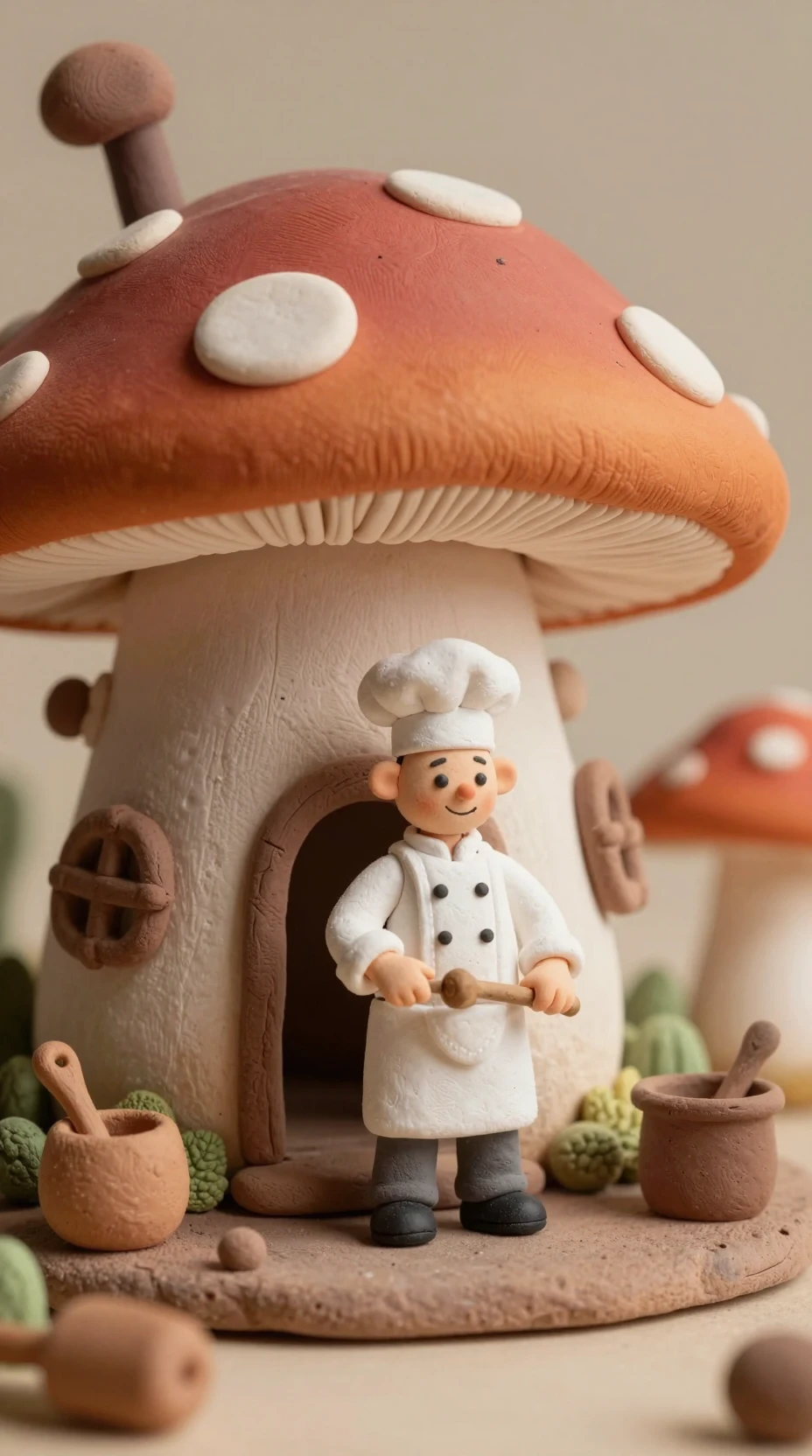 Minuscule boulanger en argile dans une chaleureuse maison-champignon