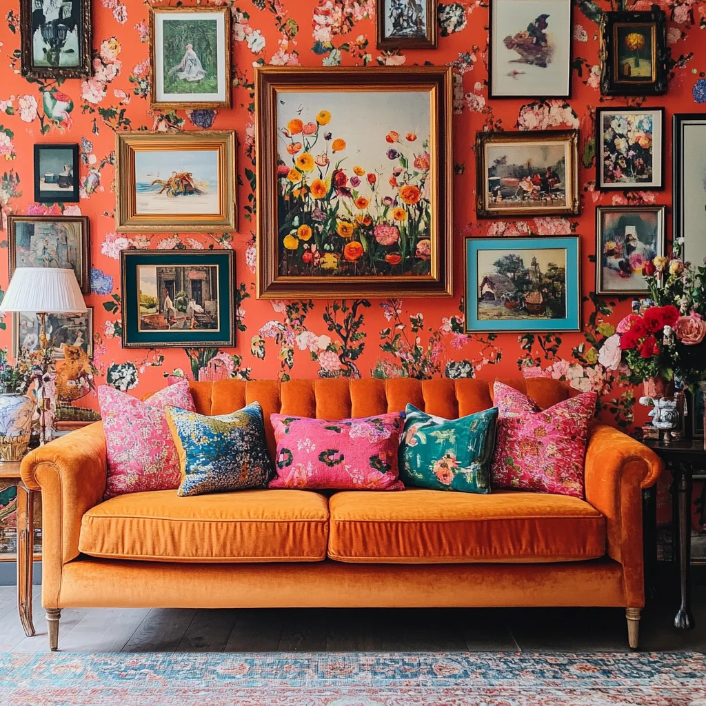 Parete gallery moderna e colorata in un interno ispirato alla chinoiserie