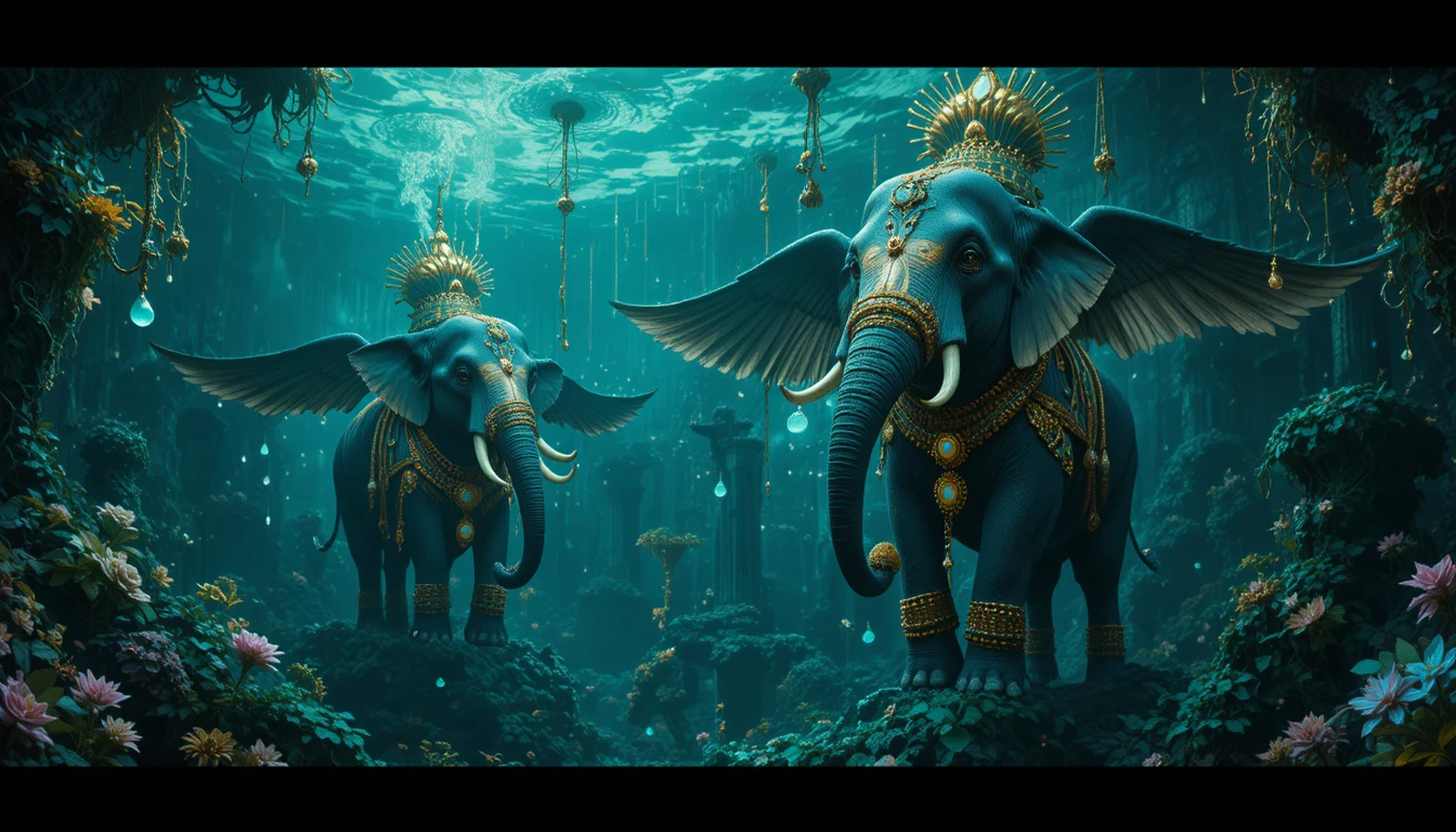 Des éléphants volants glissent à travers des ruines sous-marines lumineuses