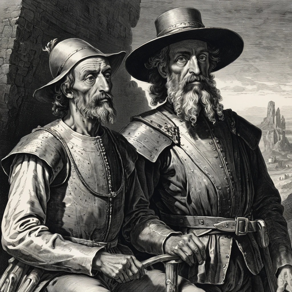 Retrato em close de Dom Quixote e Sancho Pança em gravura