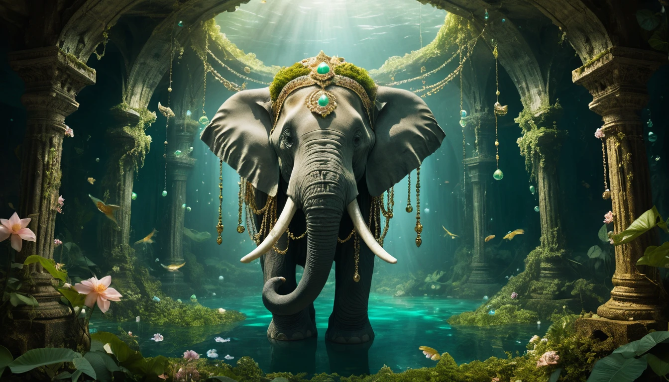 Éléphants ailés dérivant à travers des ruines sous-marines lumineuses