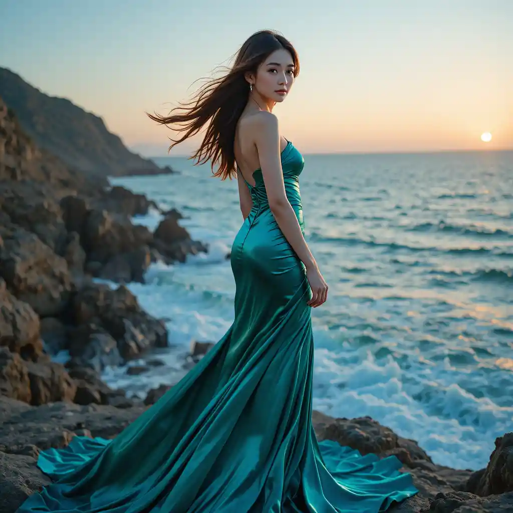 Korean woman in iridescent satin gown on seaside cliffs