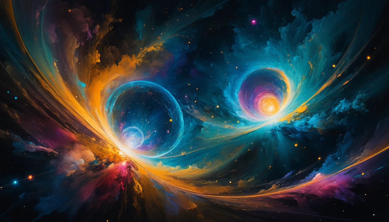 Cosmic atoms swirling in a dramatic oil painted universe