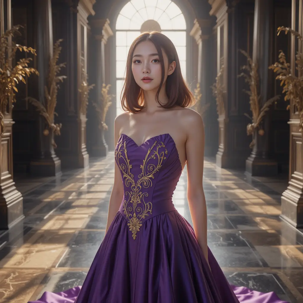 Donna coreana in abito da ballo di raso viola reale in stanza barocca