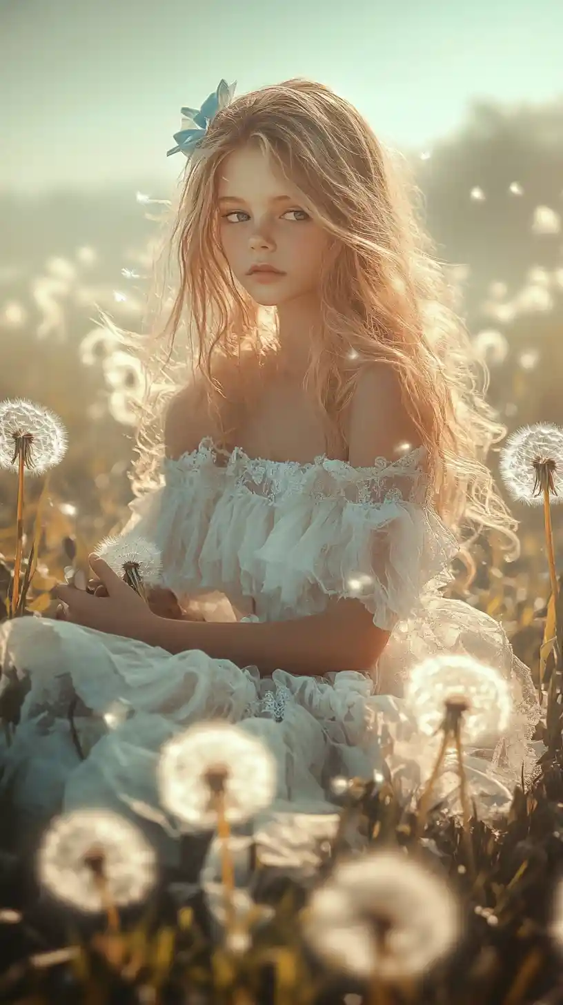Young girl in white dress sitting in dandelion meadow