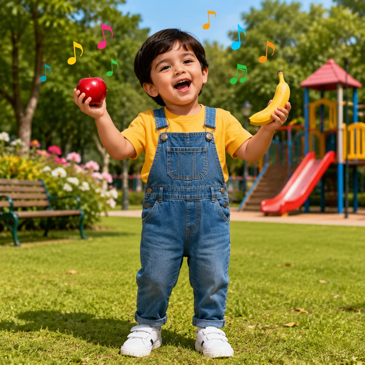 Junger Junge spielt fröhlich in einem sonnigen Park
