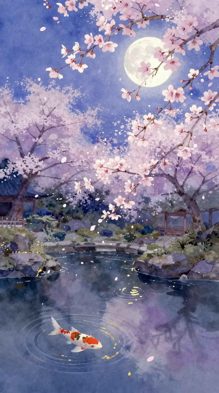 月夜日本庭園水彩畫：花朵與池塘