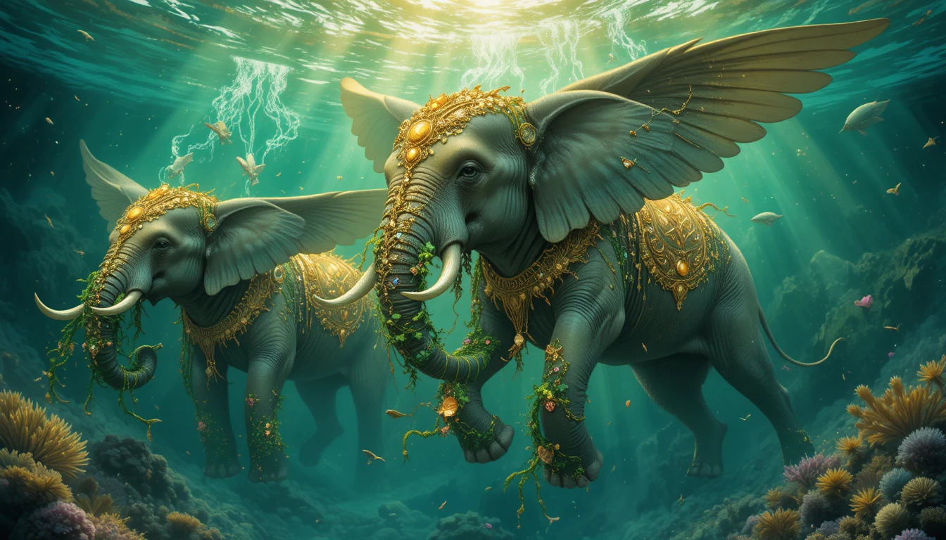 Majestosos elefantes voadores flutuando por um oceano verde místico