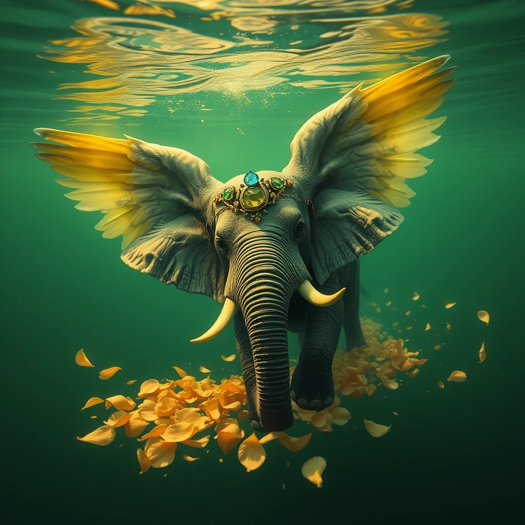 Winged elephant gliding underwater in glowing green light