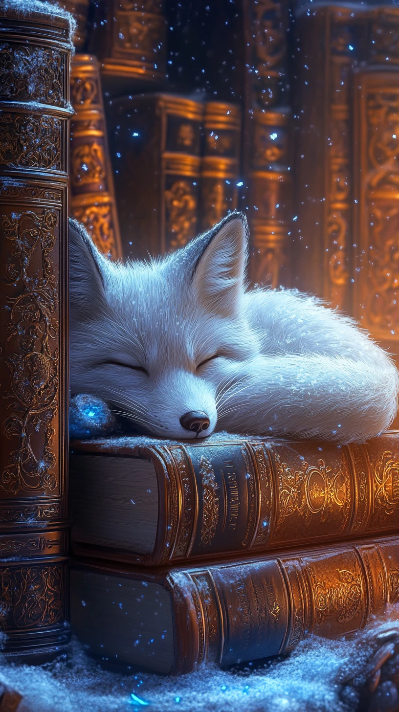 Raposa-do-ártico descansando entre grimórios congelados na biblioteca