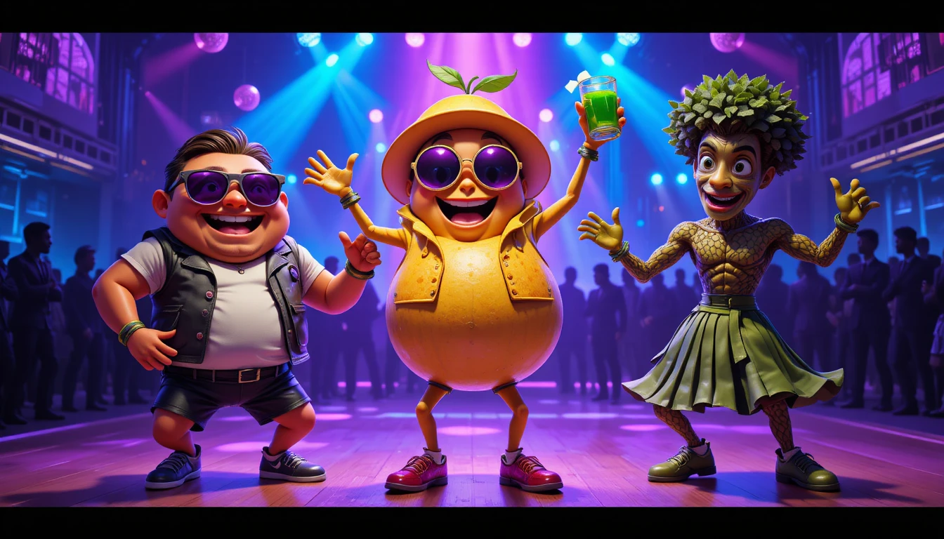 Personagens antropomórficos dançando em uma vibrante pista de disco