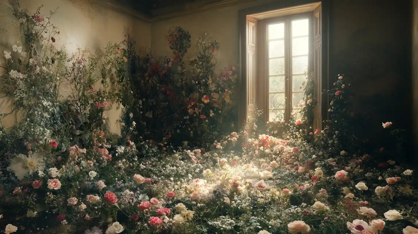 Surreal dreamscape of flowers merging with ethereal surroundings