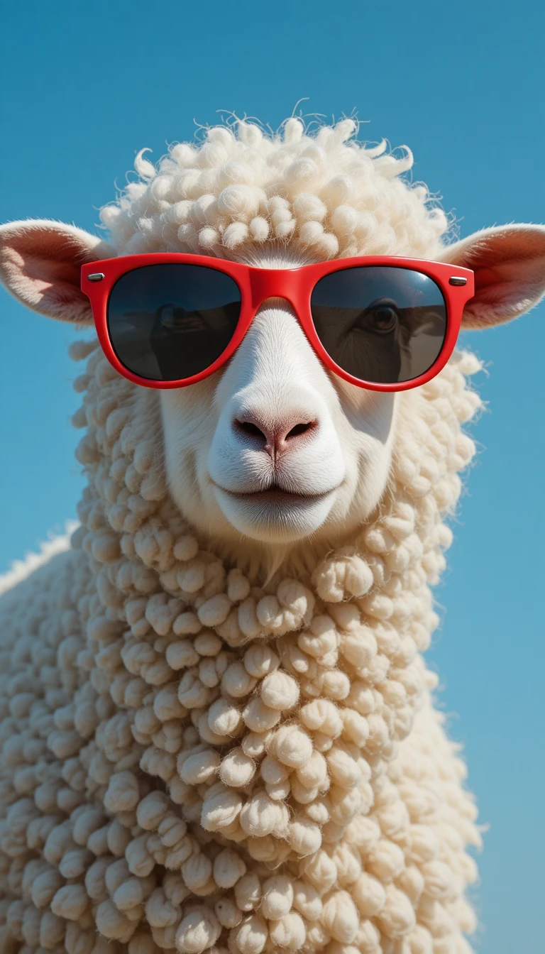 Cooles Schaf mit roter Sonnenbrille vor klarem blauen Himmel