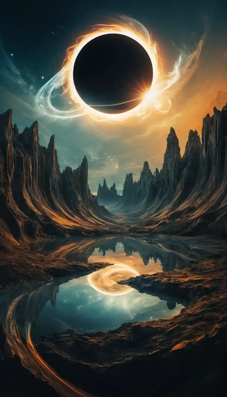 Paisagem onírica surreal de eclipse com dupla exposição abstrata e luminosa