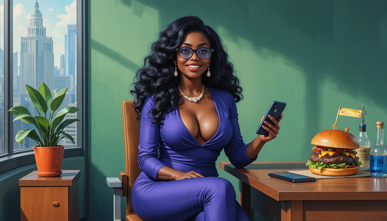 Mulher curvilínea em desenho animado em escritório criativo bagunçado