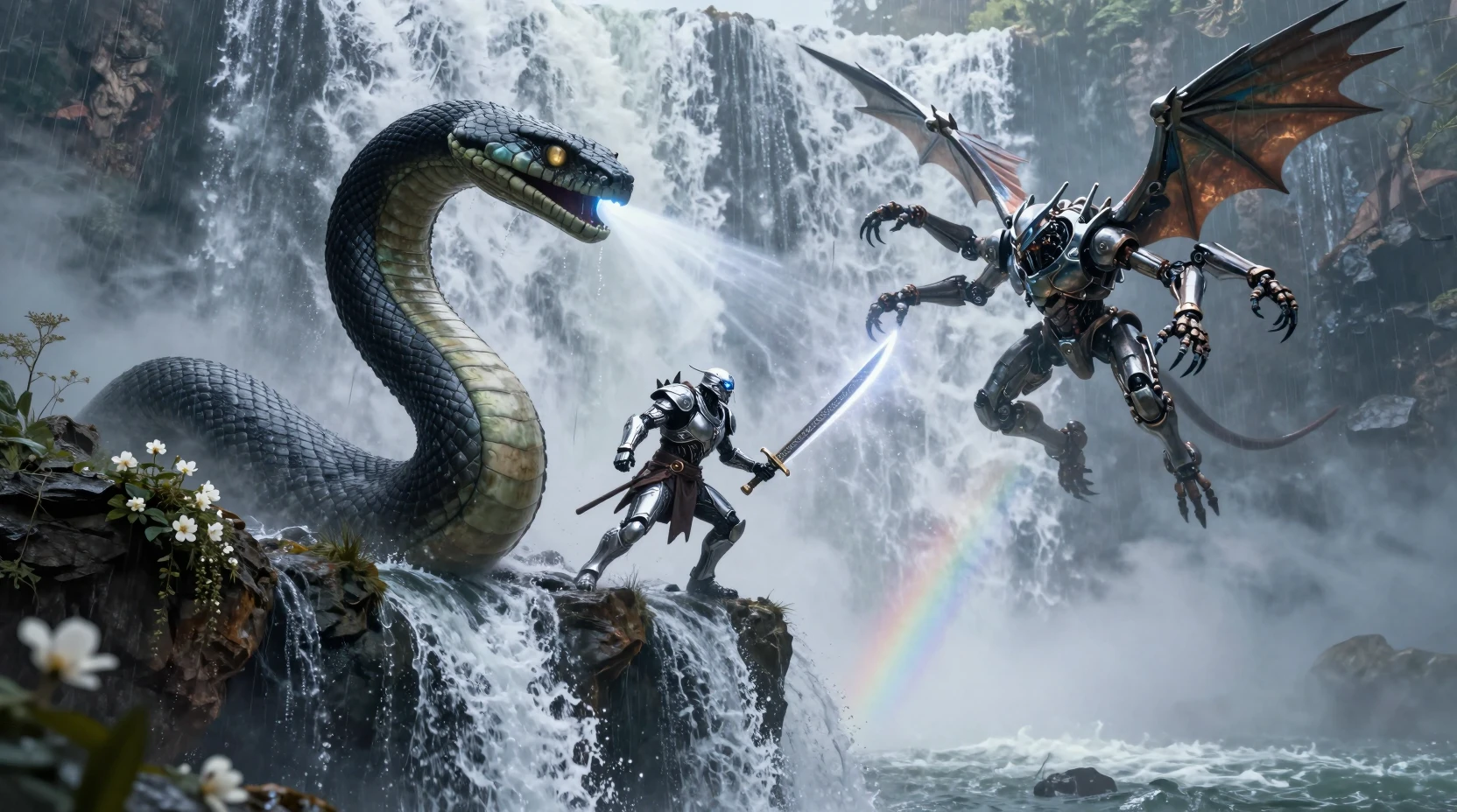 Guerriers mécaniques affrontant un serpent au-dessus d’une immense chute d’eau