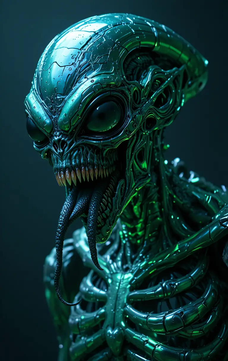Monstro alienígena com pele cromada e boca serpentina cheia de presas
