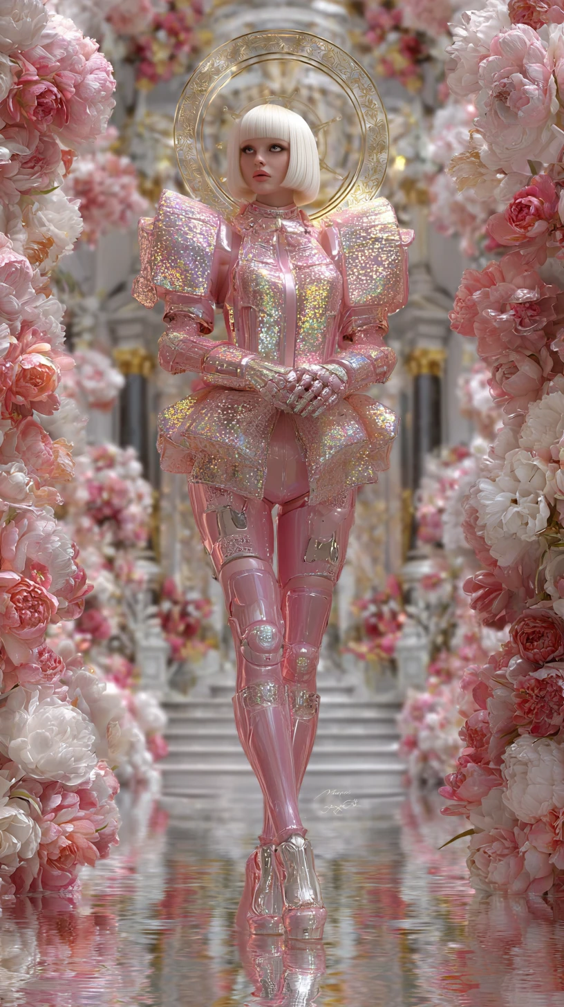 Mulher cibernética em armadura iridescente em catedral surreal