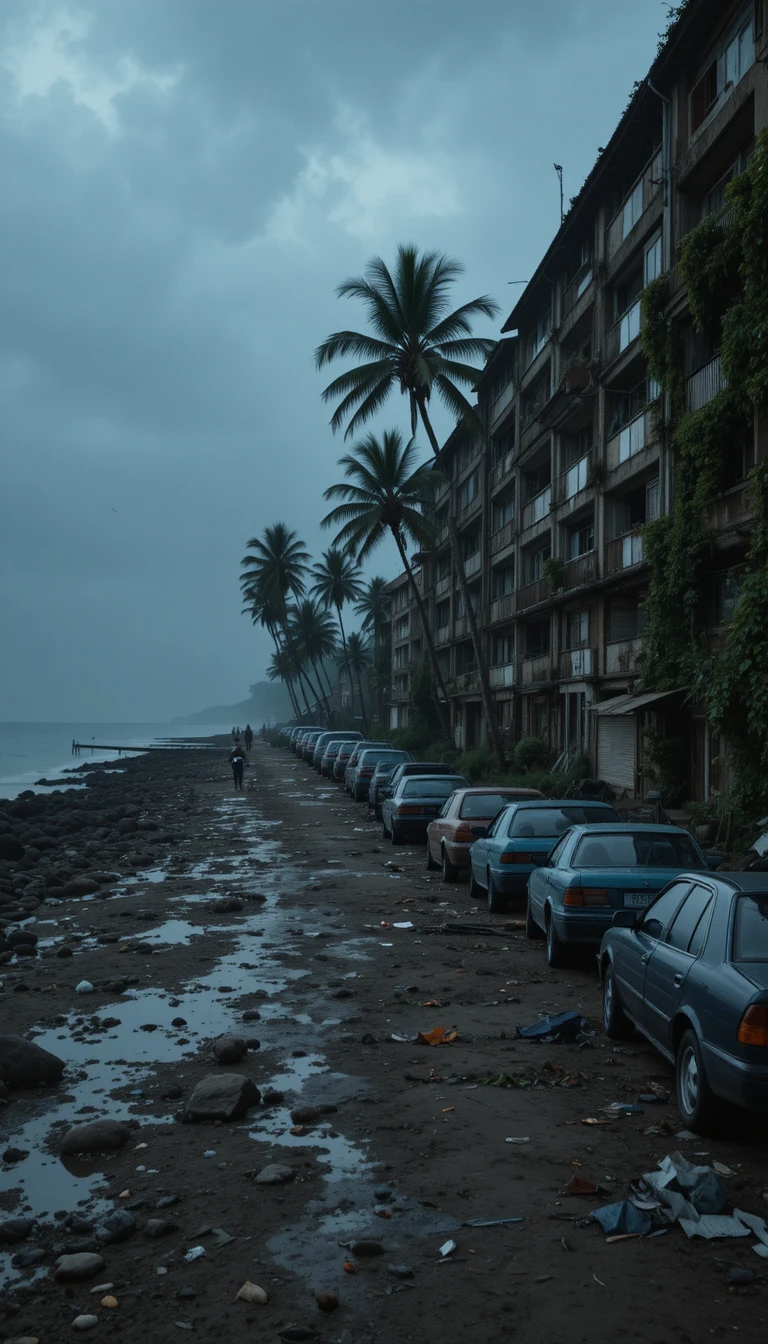Apartamentos costeros lúgubres al atardecer junto a agua oscura y tranquila