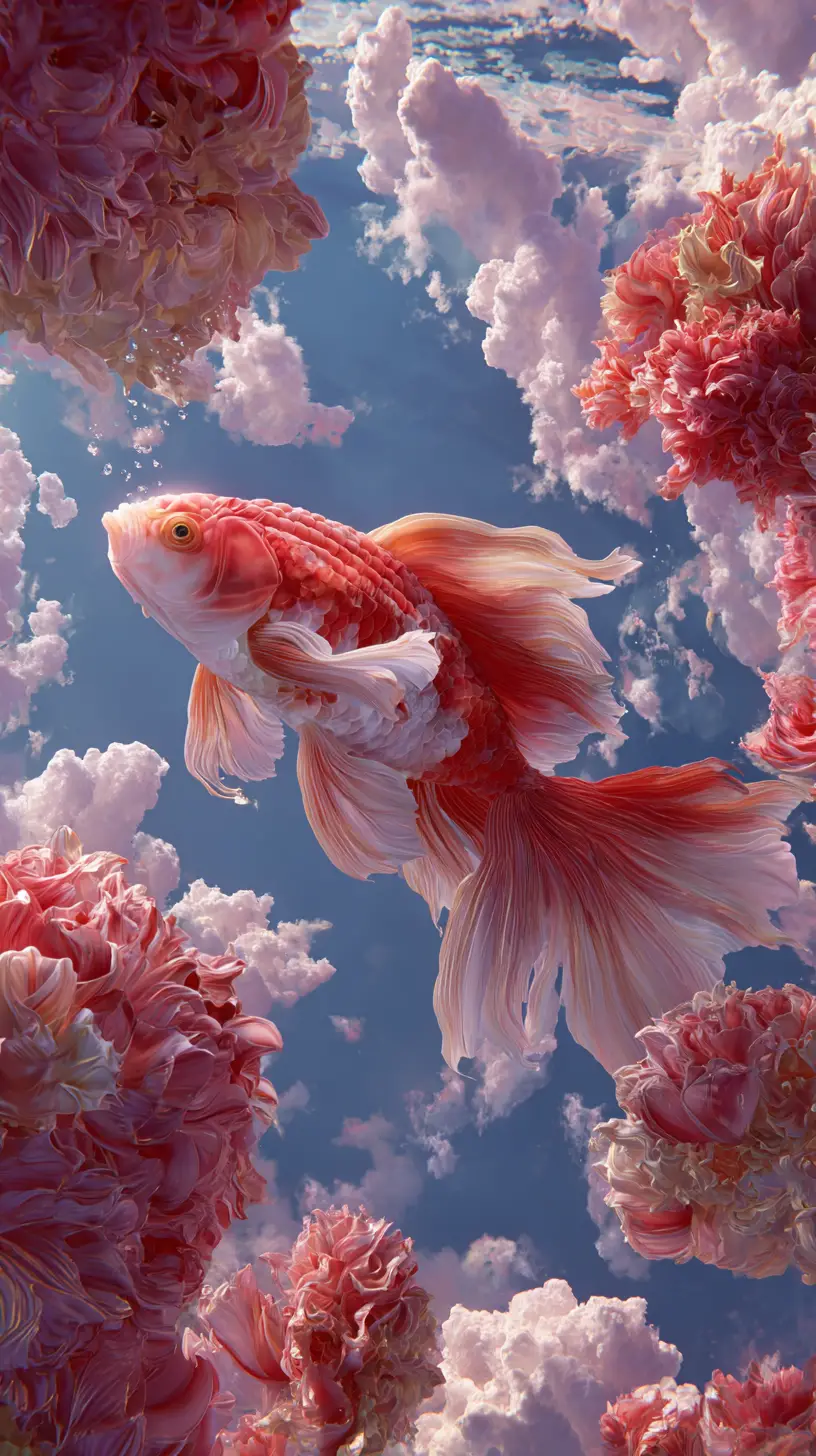在夢幻花園島嶼間漂浮的超現實錦鯉