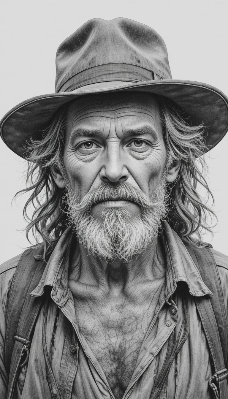 Retrato realista a lápis de um senhor idoso com chapéu gasto